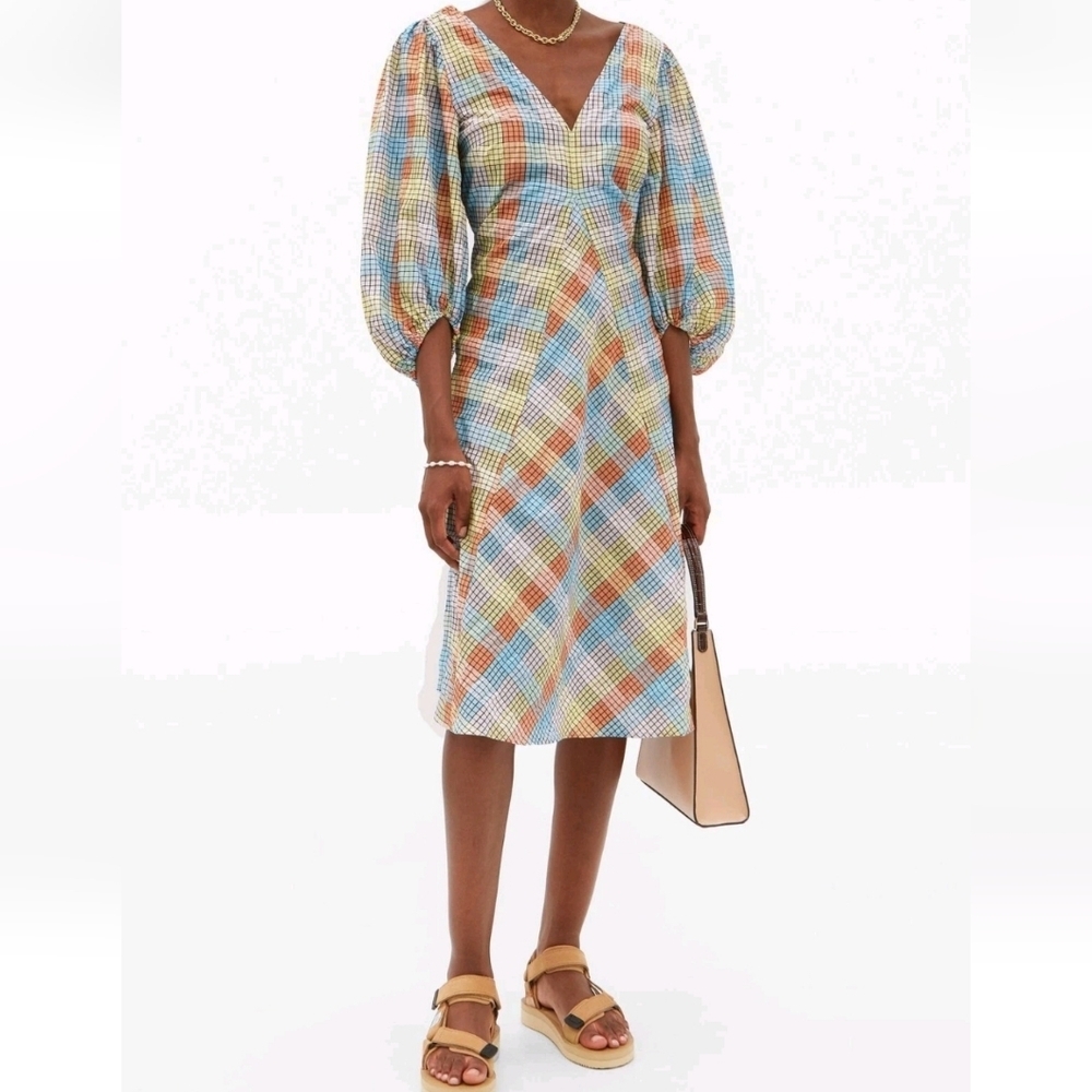 Ganni Checkered Seersucker Puff Sleeve Dress EU 34 US 2